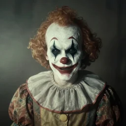 vintage photograph of a clown, horrifying, hollow black eyes, deep foggy atmosphere