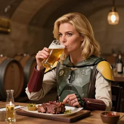 blonde hot woman in wine cellar,! boba fett!, drinking beer, eating meat, cozy, inviting, atmospheric, torches on the wall, watercolor by vladimir volegov