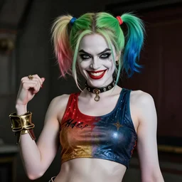 vampire the Harley Quinn Margot Robbie, green hair, evil smile, realistic character concept, medium shot, fun pose, comic book, illustration, slender symmetrical face and body, artstation, cinematic lighting, hyperdetailed, cgsociety, 8k, high resolution, Charlie Bowater, Tom Bagshaw, single face, insanely detailed and intricate, beautiful, vfx, postprocessing