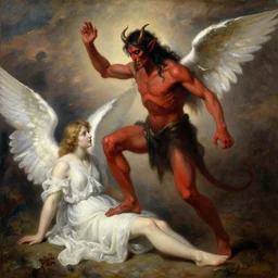 A demon being stepped on by an angel, oil painting