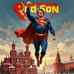 epic comic book cover of stalin as superman floating over the red square ( moscow ), aesthetically pleasing, saying hi, socialist realism, ostalgie, soviet nostalgia, sovietwave, photorealistic, intricate digital art, trending artstation, artgem, rich moody colors, fan art, concept art, in the style of the red son, by cory walker and ryan ottley