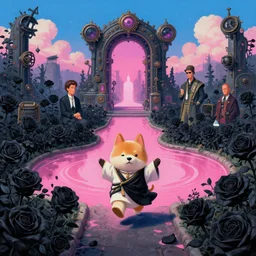 wide angle dynamic portrait of a chibbi dogon priest in a black rose garden with a pink pond and a steampunk portal, by mark ryden and todd schorr and mark davis and thomas kinkade in a surreal lowbrow style, digital paint, matte paint, vivid synthwave colors, breathtaking landsape!!