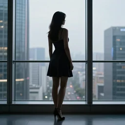 horizontal view, photo, silhouette of woman wearing a cocktail dress and heels, her back to us, looking out a large window at a futuristic city