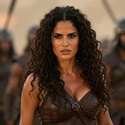 epic photo of muscular salma hayek as beautiful barbarian warrior princess with long curly black hair blowing in the wind in a battle scene, sweaty, detailed eyes, neutral expression, shallow depth of field, photorealistic, cinematic lighting, lovely bokeh, warm colours, dusk, movie quality, the beastmaster 1 9 8 5, movie still
