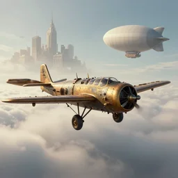 a pilot in a steampunk plane and a flying city in a blimp in the sky over the clouds in the background, in the bottom there a lot of fog