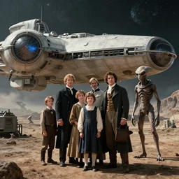 highly detailed, 68719476736k film still from a sci fi blockbuster color movie made in 2019, set in 1860, of a family standing in front of a spaceship that has just landed on an alien planet, a humanoid alien creature stands nearby, the family are all wearing 1860s era clothes, good lighting, good photography, ultra high definition