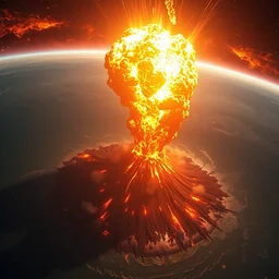 inside a solar flare storm within looking from space at exploding volcano in middle of the sea, unreal engine, loish, rossdraws, night lighting, highly detailed, 8 k, octane render