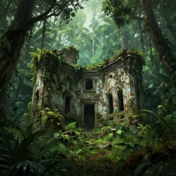 a forgotten ruin in an overgrown jungle, inspired by h. p. lovecraft's at the mountains of madness, artstation trending