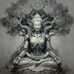 perfectly centered, symmetrical, front view of a beautiful biomechanical buddha meditating under a tree of fractal consciousness, alien, robotic, female, flowing hair, intense stare, sarcastic smile, concept art, intricate detail, volumetric shadows and lighting, realistic oil painting by alex grey,