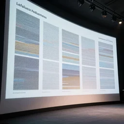 big curved screens projecting a reference sheet, perfect lighting pixel sorting