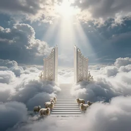 heaven, puffy white clouds, cinematic, dramatic, cinematic lighting, godrays, lightrays from the sun, heavens gate, big white pearly gates, god, jesus, sheep, white clouds, stairway to heaven, extremely intricate, highly detailed, 8 k, beautiful scenery