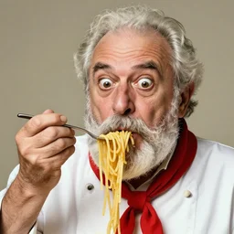 extremely detailed portrait of old italian cook, spaghetti mustache, slurping spaghetti, spaghetti in the nostrils, spaghetti hair, spaghetti beard, huge surprised eyes, shocked expression, scarf made from spaghetti, full frame, award winning photo by eric lafforgue