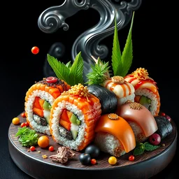 colourful sushi in the style of android jones, 1 6 k, ultra detailed, ultra intricate, artstation