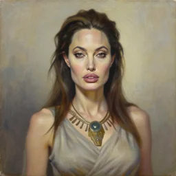 portrait of angelina jolie as a female shaman goddess android warrior, oil on canvas, by jeffrey catherine jones and enki bilal