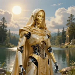 medium shot robot cyberpunk of catholic veiled, concept art house solarpunk in the funny big lake the sky sun over beautiful clouds at the forests intricate, elegant, dramatic lighting,, immerse,, special effects makeup, maximalist, glittering, gold, ivory, hyperreal, golden ratio,