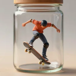 a tiny realistic skateboarder kick flipping inside a glass jar. sharp focus, photography, unreal engine, trending on artstation, photorealistic, octane, trending on deviantart, unreal engine