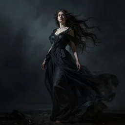 a photorealistic dramatic fantasy render of a beautiful woman wearing a dark flowing gown and long flowing hair, artgerm, greg rutkowski, alphonse mucha, beautiful dynamic dramatic dark moody lighting, shadows, cinematic atmosphere, artstation, concept design art, octane render, 8 k