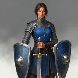 woman dressed chain mail, blue surcoat, female, strong, middle age, fantasy, digital art, awar winning, hand on the sword, with shield down by loles romero, greg rutkowski, ilya kuvshinov