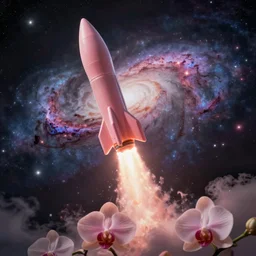 a flesh - colored rocket launching into the orchid galaxy