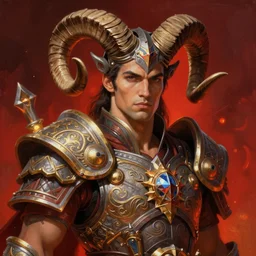 handsome brazilian male warrior with spiraling ram horns, red planet mars, digital oil paining by artgerm, greg rutkowski, mucha, portrait | art nouveau. hearthstone. ornate intricate detail, complimentary fiery colors. sharp edges. clear detailed. 8 k. elegance