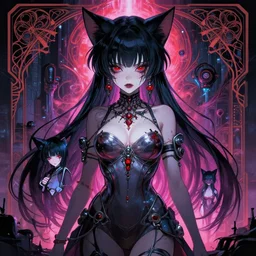 lovecraftian horror, anime catgirl, cyberpunk, highly detailed, scifi, futuristic, big and small, vivid, sensuel, art nouveau