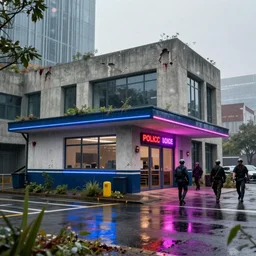 post apocalyptic police station, raining, building, avenue, modern contemporary urban americana concrete architecture, paved roads, by thomas kinkade, pascal blanche, greg rutkowski, shaddy safadi, neil blevins trending on artstation, photorealistic, neon ambiance, ultra detailed, high definition, depth of field, bokeh, wild vegetation, blood stains, crumbling, post - apocalyptic warriors