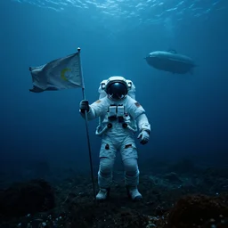astronaut holding a flag in an underwater desert. a submarine is visible in the distance. dark, concept art, cinematic, dramatic, atmospheric, 8 k, trending on artstation, blue, fish, low visibility, fog, ocean floor, christopher nolan, interstellar
