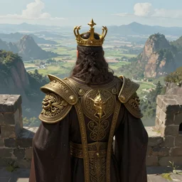 over the shoulder powerful king, from the top of the stone walls, looking to the very distant horizon full of montains and valleys. intricate, elegant, highly detailed, digital painting, artstation, concept art, sharp focus, illustration, by justin gerard and artgerm, 8 k