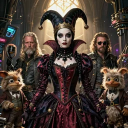 detailed ultrarealistic photography medium shot of fantasy pirate gothic jester queen addams family and furry muppet puppet cyberpunk postapocalyptic leyendecker, symmetric norman rockwell, ian miller, frazetta artstation cinematic, vray game of thrones, lord of the rings, star wars