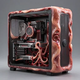 a pc made out of flesh, computer made out of human flesh, skin on the gaming pc, skinned alive, blood, teeth, intricate, highly detailed, digital painting, artstation, concept art, smooth, sharp focus, illustration,