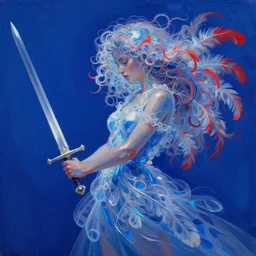 a painting of a woman who made of curly and transparent feathers cloud with red edges is holding a sword, a digital painting by charlie bowater, made of many translucent layers of blue, metaphysical painting, speedpainting, digital painting, holographic undertones, highly saturated colors, 4 k, digital art, concept art, trending on artstation