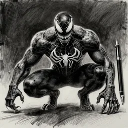 donald glover as the character venom from spider man, by weta digital, by weta fx, illustration, graphite, fountain pen, still - life, concept art, digital art, cinematic, wide angle, tones of black in background