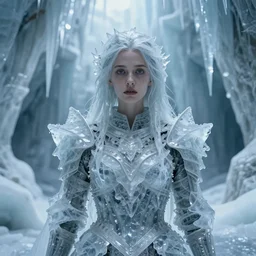full shot of a regal brown woman wearing an intricate armor made of many layers of ice. no makeup!! stalactite hair. freckles!! haunting eyes. vulnerable. fragile. ethereal. elaborate. ice caves. glaciers. refracted light. extremely soft lighting. textures. delicate. translucent. by ray cesar. by louise dahl - wolfe. by andrea kowch. surreal photography.