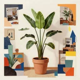 A collage of a plant in a room, mid-century modern, made of random shapes cut from magazines and colored paper, block colors and photo collage