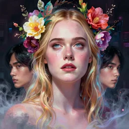 dakota fanning, portrait by ruan jia and miho hirano, colorful and vibrant, majestic, open wide eyes, tear drops, flowers on hair, glowing light orbs, intricate concept art, elegant, digital painting, smooth, sharp focus, ethereal opalescent mist, outrun, vaporware, cyberpunk darksynth, ethereal, ominous, misty, 8 k, rendered in octane