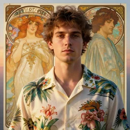 Sam Hyde wearing luxuruous hawaiian vintage shirt, rule of thirds,  accurately portrayed, portrait art by alphonse mucha and greg rutkowski, highly detailed, digital painting, concept art, illustration, ethereal lighting with twilight rays of sunlight, trending on artstation, very detailed, smooth, sharp focus, octane render, close up