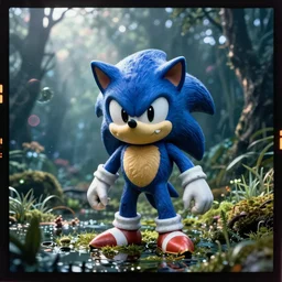 ektachrome medium format provia film still of a sonic the hedgehog blue swamp creature with fangs and claws, warped VHS, anomorphic lens flare, creepypasta