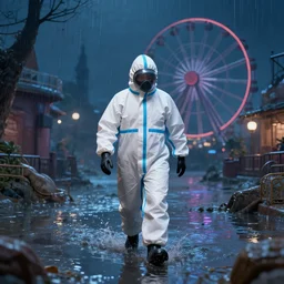 person wearing hazmat suit walking through a flooded theme park, ferris wheel in the distance, matte painting, 3 d render, flash photography, night