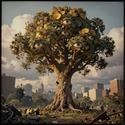 golden hour, tilt shift, 1 9 1 2 wwi, huge tree with! eyes in new york, thick clouds behind, film still 3 5 mm, colorized tintype photo, dystopian environment, intricate, highly detailed, painting, artstation, concept, smooth, sharp focus, illustration, artgerm, by beksinski
