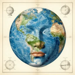 A vintage scientific diagram from the 1970s of the Earth as a human face