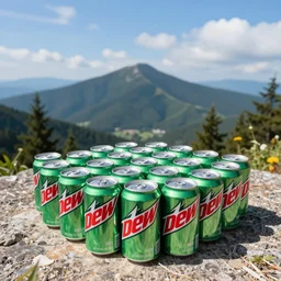 photograph of a mountain of mountain dew cans, wide angle