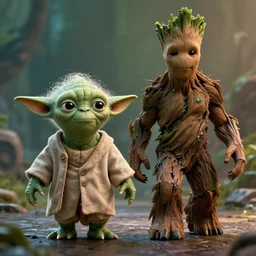 yoda ( 2 0 2 1 ) walking next to groot ( 2 0 1 7 ). they are friends. photorealistic, digital art, epic fantasy, dramatic lighting, cinematic, extremely high detail, cinematic lighting, trending, artstation, cgsociety, 3 d ue 5, 4 k, hq