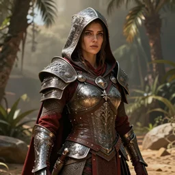 unknown the elder scrolls vi hammerfall, charismatic rugged female redguard character portrait partially clothed in hooded metal - plated exquisitely detailed hooded battle armour, desert, tropical jungle setting, atmospheric lighting, painted, intricate, volumetric lighting, beautiful, rich deep colours masterpiece, sharp focus, ultra detailed