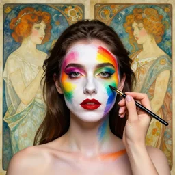 a woman with her face painted in rainbow colors by artgerm and greg rutkowski and alphonse mucha and rhads