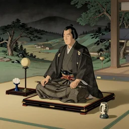 japanese daimyo sitting in his dais, his daisho is on display next to him, draw in the style of kano school, full colour