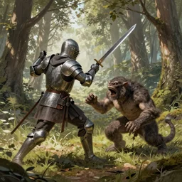 A medieval knight fighting an ogre in the forest, realistic illustration
