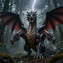 a realistic dragon with 5 0 heads in a gloomy forest during thunderstorm, smooth lighting, high contrast, high detail