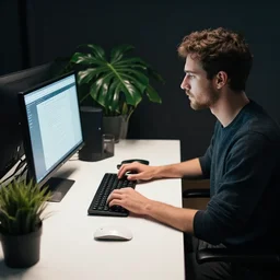 olivier working at his desk, programming, dark room, plants, white desk