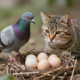 A pigeon and an exotic shorthair cat guarding eggs in a nest, eggs, birds, nest is made of sticks, national geographic, odd, depth of field, photorealistic