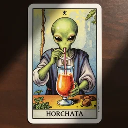 an alien drinking horchata, detailed, tarot card